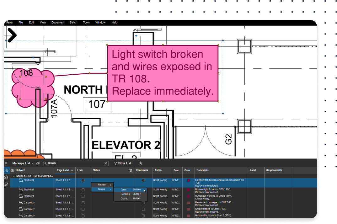 punch defect list status on construction drawings in Revu software