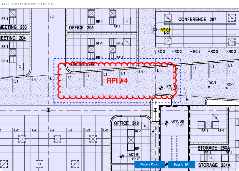 RFI markup on construction drawing in software interface