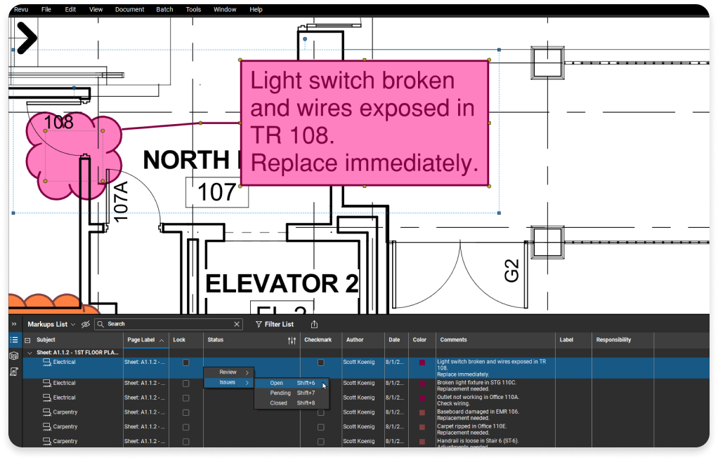 punch status and markups on construction drawings in software