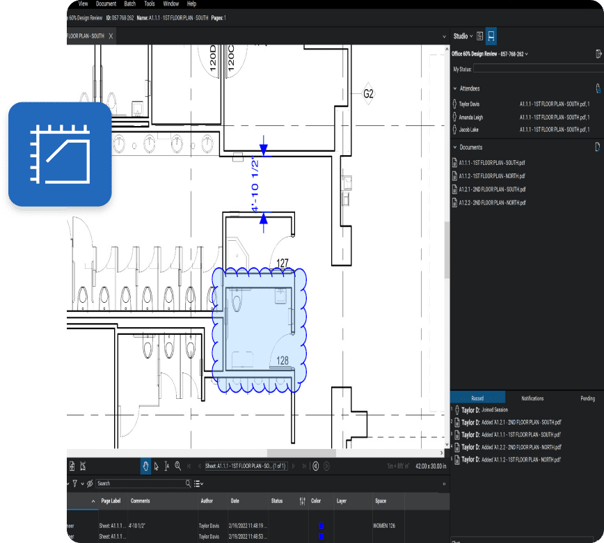 Measurement markups on a mine site plan in Revu