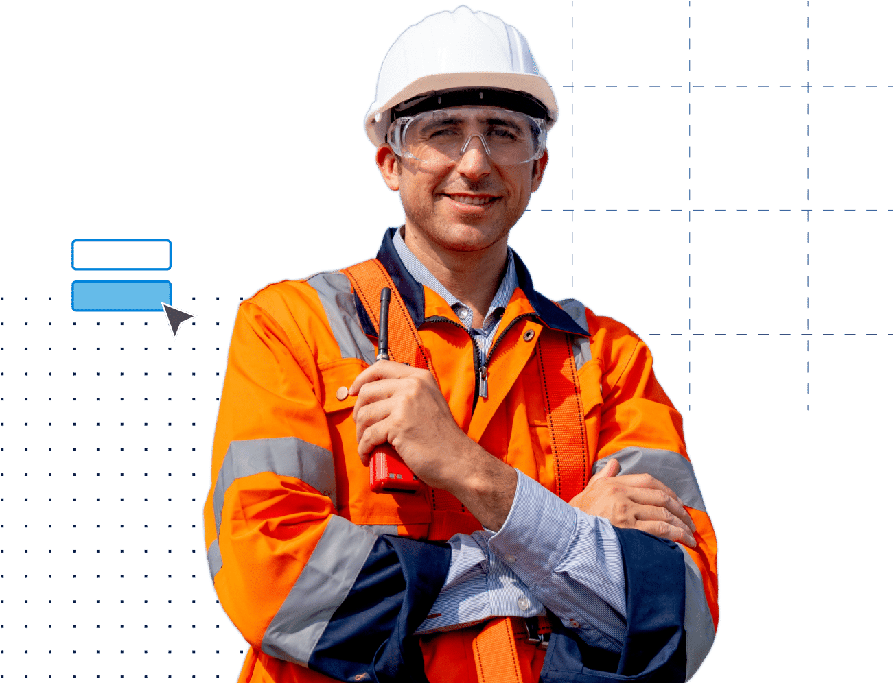 Mining professional wearing safety equipment and holding walkie-talkie