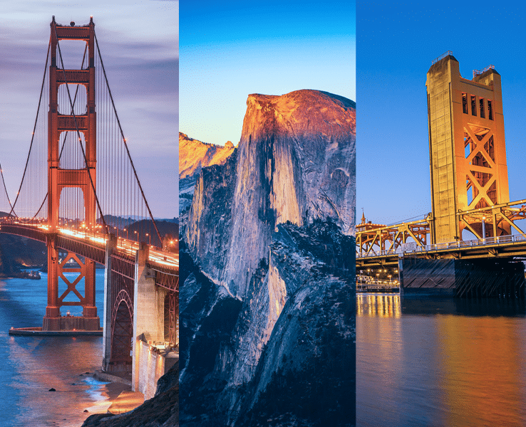 The Golden Gate Bridge in San Francisco, Yosemite, and Tower Bridge in Sacramento shown side-by-side.