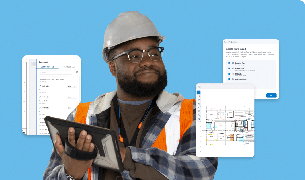  Smiling construction worker holds a tablet with floating Bluebeam Cloud windows 