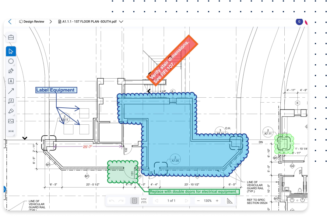 RFI collaboration markup on construction document software interface