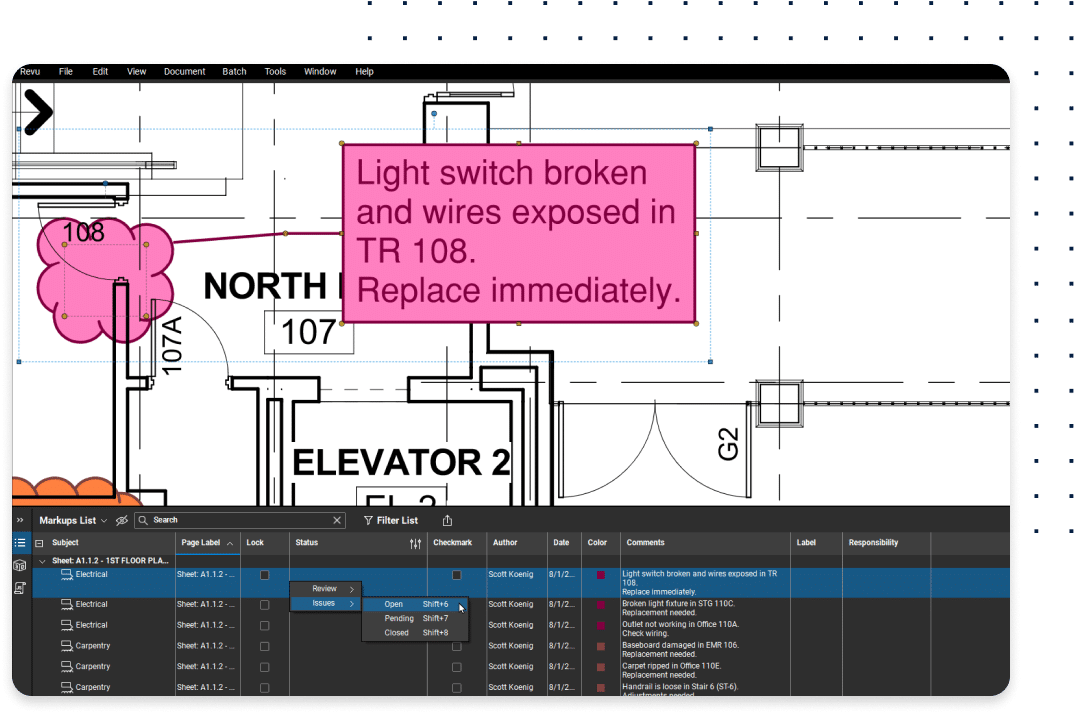 punch snagging list status on construction drawings in Revu software