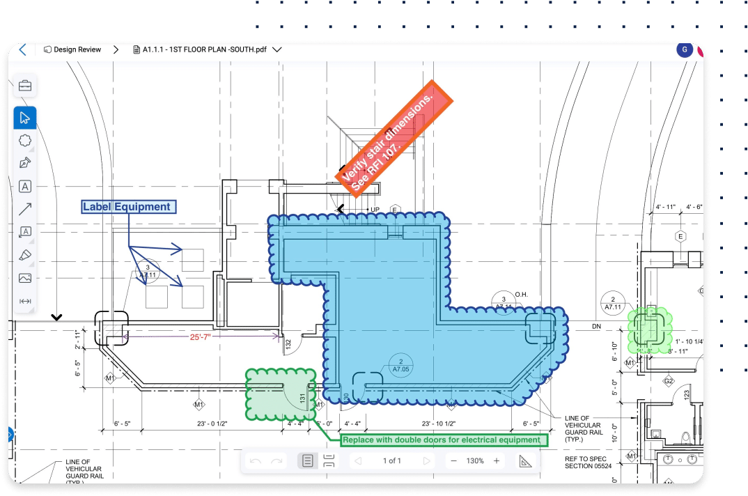 RFI collaboration markup on construction document software interface