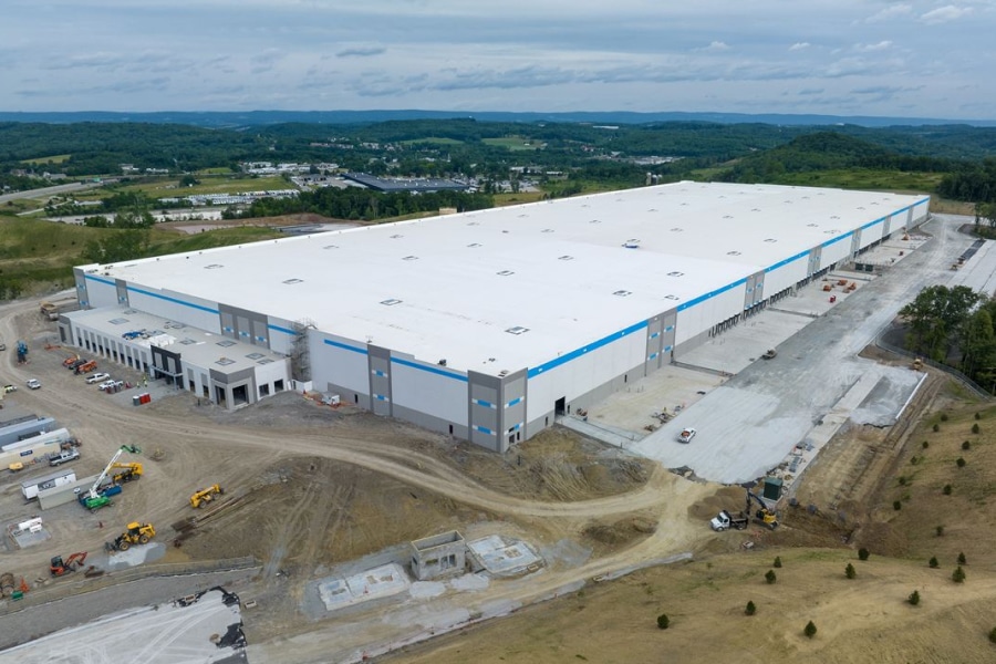 Aerial view of a large warehouse.